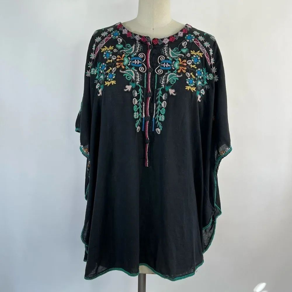 BIYA by Johnny Was boho embroidered poncho oversize cotton top